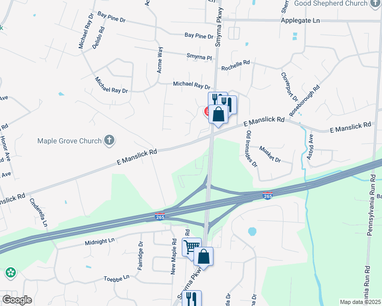 map of restaurants, bars, coffee shops, grocery stores, and more near 8802 Smyrna Parkway in Louisville