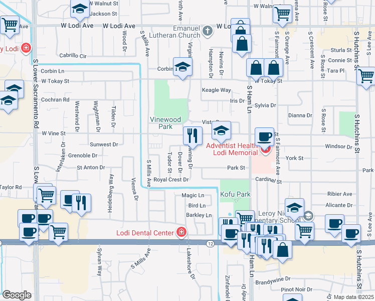 map of restaurants, bars, coffee shops, grocery stores, and more near 1030 Downing Drive in Lodi