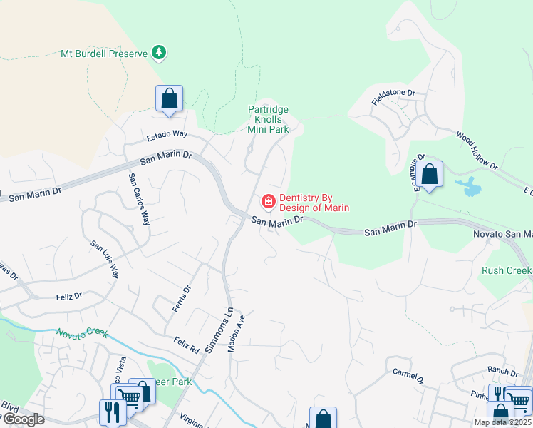 map of restaurants, bars, coffee shops, grocery stores, and more near 505A San Marin Drive in Novato