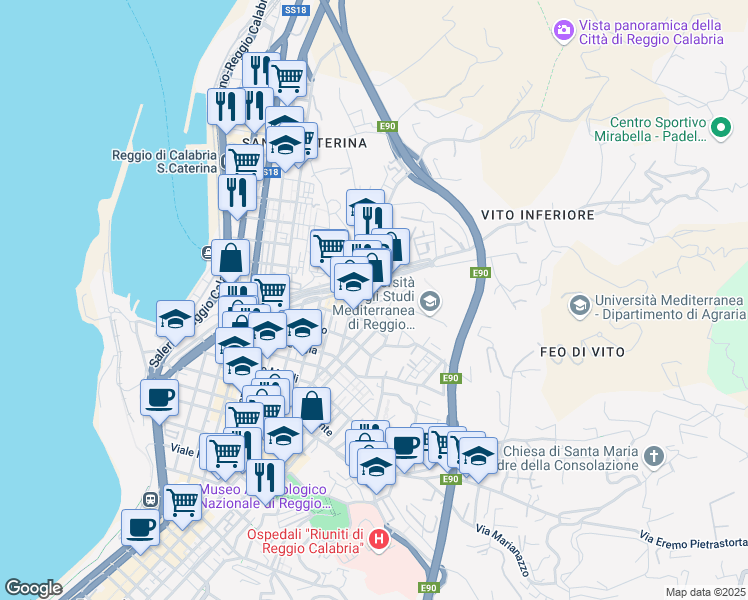 map of restaurants, bars, coffee shops, grocery stores, and more near 14 Via dei Tre Mulini in Reggio Calabria