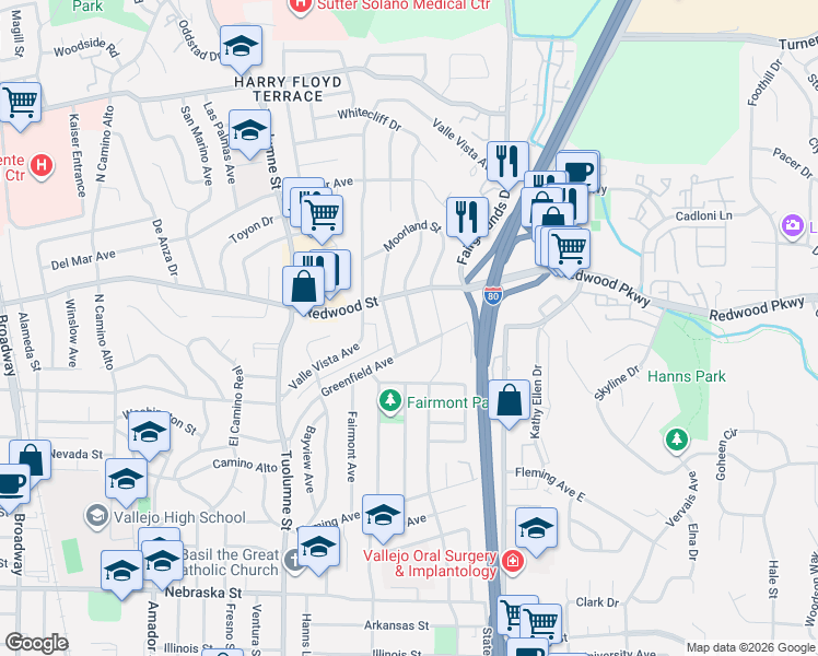 map of restaurants, bars, coffee shops, grocery stores, and more near 2 Fairview Avenue in Vallejo