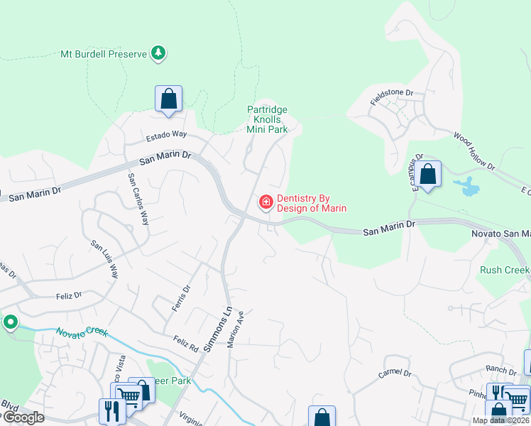 map of restaurants, bars, coffee shops, grocery stores, and more near 1 Sumac Court in Novato