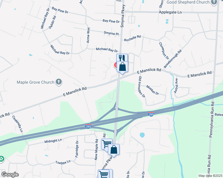 map of restaurants, bars, coffee shops, grocery stores, and more near 8802 Smyrna Parkway in Louisville