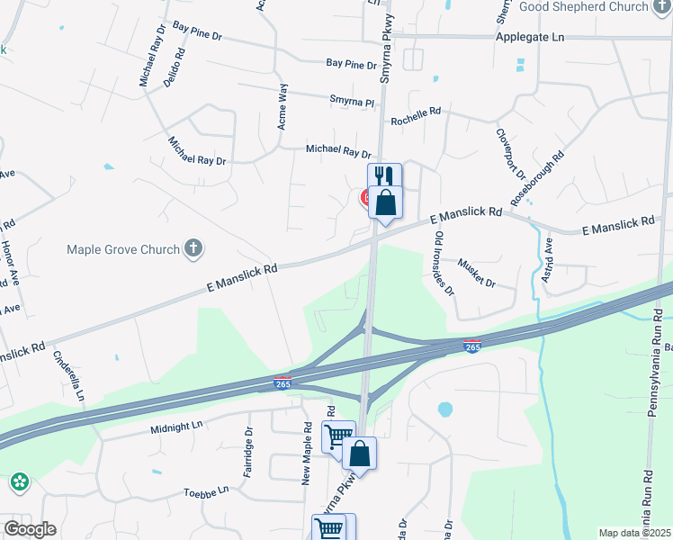 map of restaurants, bars, coffee shops, grocery stores, and more near 6204 East Manslick Road in Louisville
