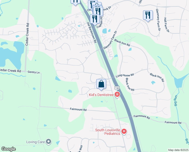 map of restaurants, bars, coffee shops, grocery stores, and more near 10210 Long Home Road in Louisville