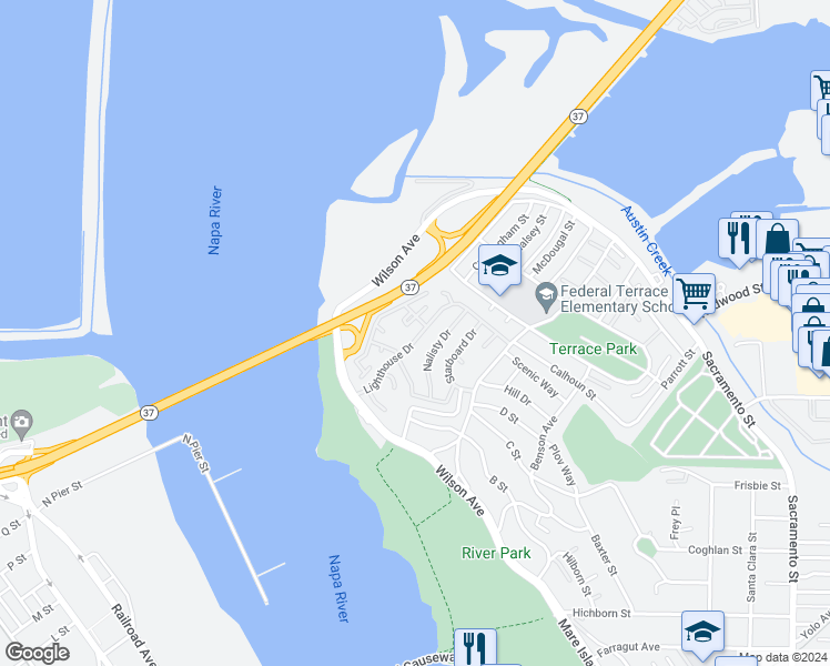 map of restaurants, bars, coffee shops, grocery stores, and more near 407 Lighthouse Drive in Vallejo