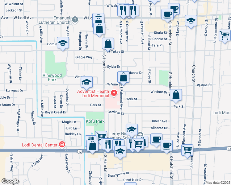 map of restaurants, bars, coffee shops, grocery stores, and more near 975 South Fairmont Avenue in Lodi