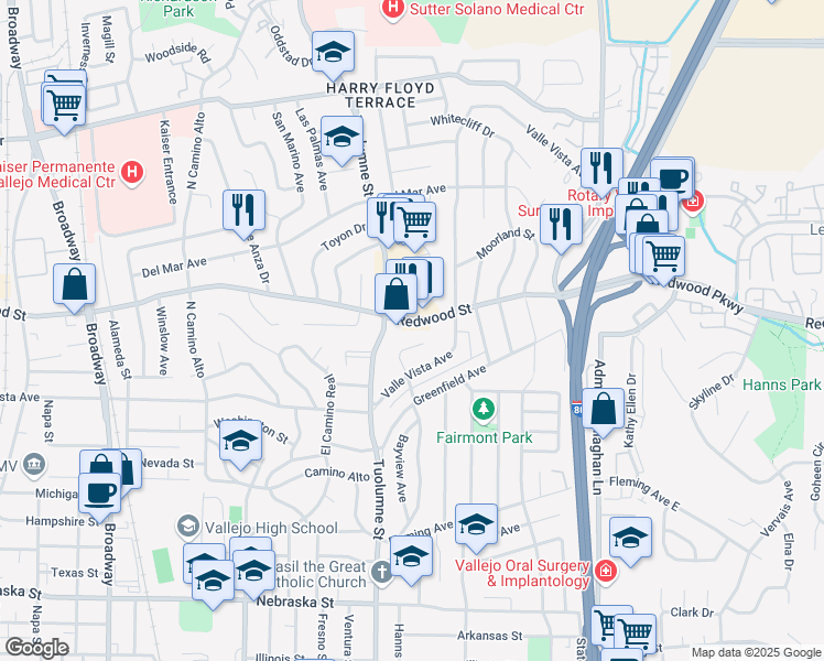 map of restaurants, bars, coffee shops, grocery stores, and more near 2200 Redwood Street in Vallejo