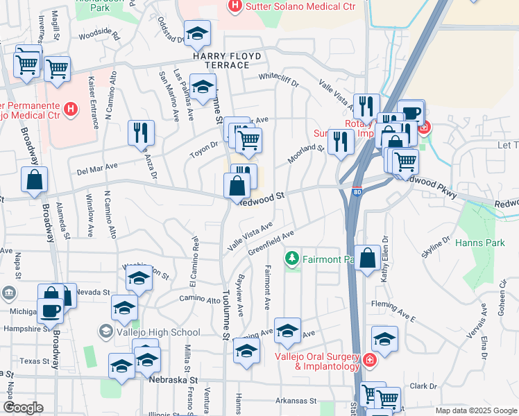 map of restaurants, bars, coffee shops, grocery stores, and more near 2200 Redwood Street in Vallejo