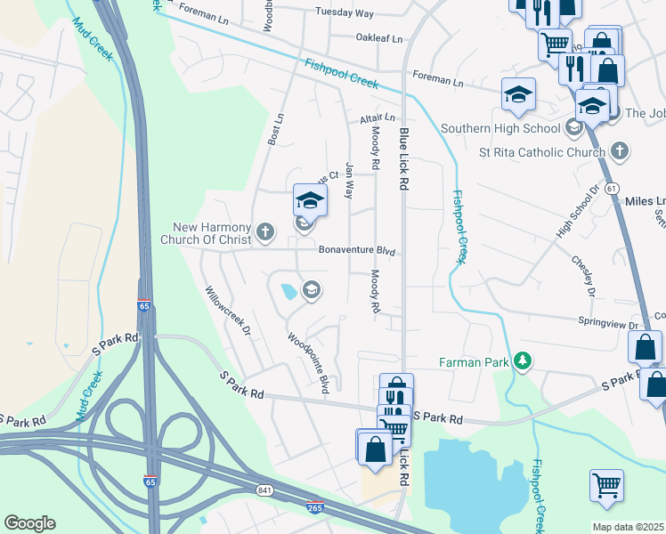 map of restaurants, bars, coffee shops, grocery stores, and more near 3804 Bonaventure Boulevard in Louisville