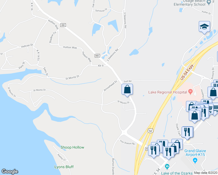 map of restaurants, bars, coffee shops, grocery stores, and more near 6100 Arrowhead Drive in Osage Beach