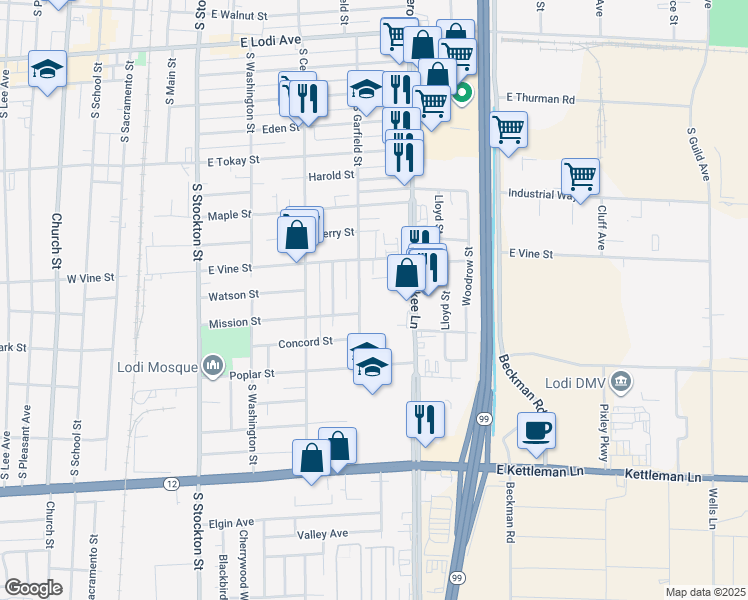 map of restaurants, bars, coffee shops, grocery stores, and more near 924 South Garfield Street in Lodi