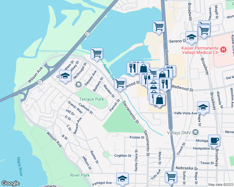 map of restaurants, bars, coffee shops, grocery stores, and more near 2260 Sacramento Street in Vallejo