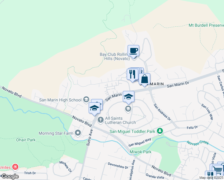map of restaurants, bars, coffee shops, grocery stores, and more near 601 Cedar Place in Novato