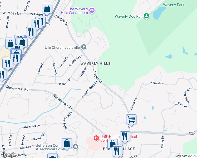 map of restaurants, bars, coffee shops, grocery stores, and more near 4301 East Pages Lane in Louisville