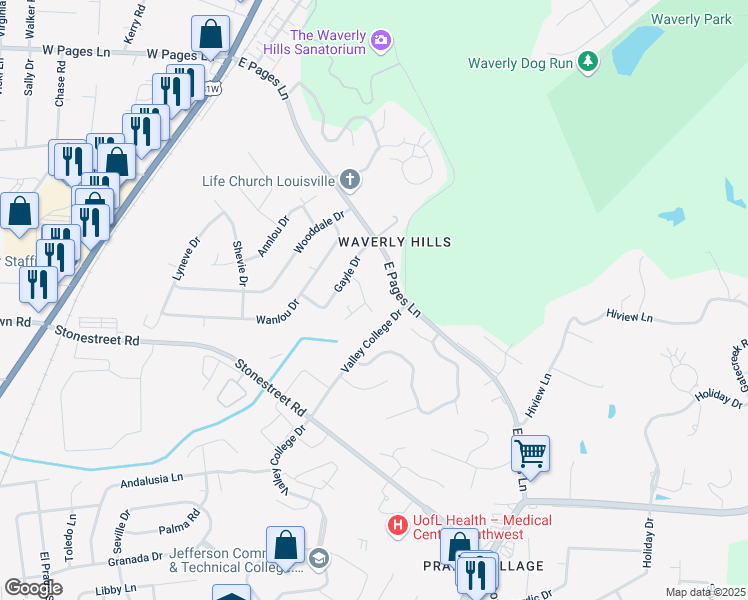 map of restaurants, bars, coffee shops, grocery stores, and more near 9107 Woodchat Way in Louisville