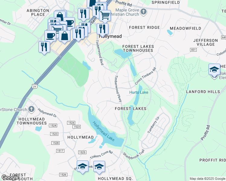 map of restaurants, bars, coffee shops, grocery stores, and more near 3141 Crossfield Lane in Charlottesville