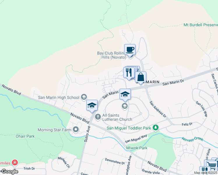 map of restaurants, bars, coffee shops, grocery stores, and more near 601 Cedar Place in Novato