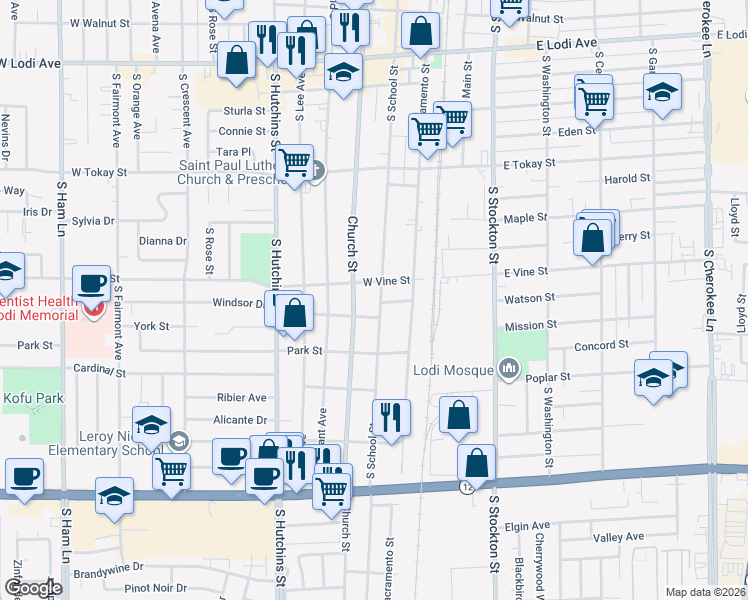 map of restaurants, bars, coffee shops, grocery stores, and more near 915 South School Street in Lodi