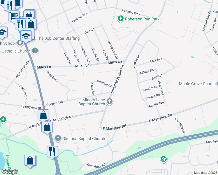 map of restaurants, bars, coffee shops, grocery stores, and more near 1596 Raydale Drive in Louisville