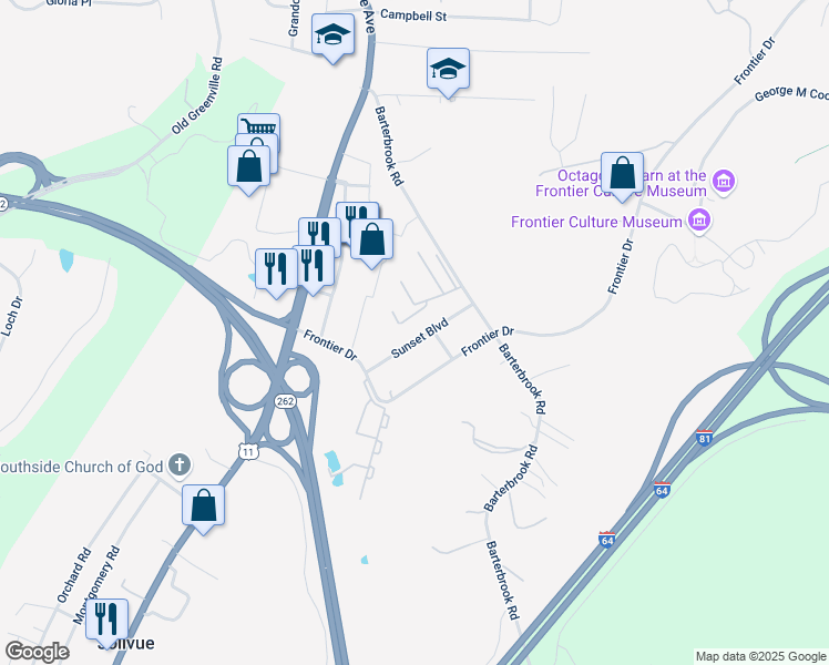 map of restaurants, bars, coffee shops, grocery stores, and more near 54 Sunset Boulevard in Staunton