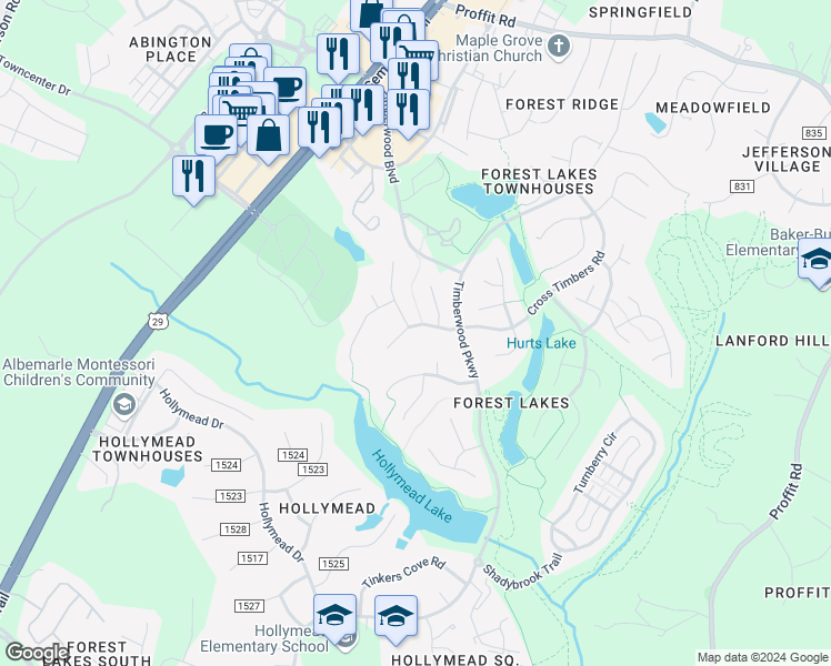 map of restaurants, bars, coffee shops, grocery stores, and more near 1853 Steeplechase Run in Charlottesville