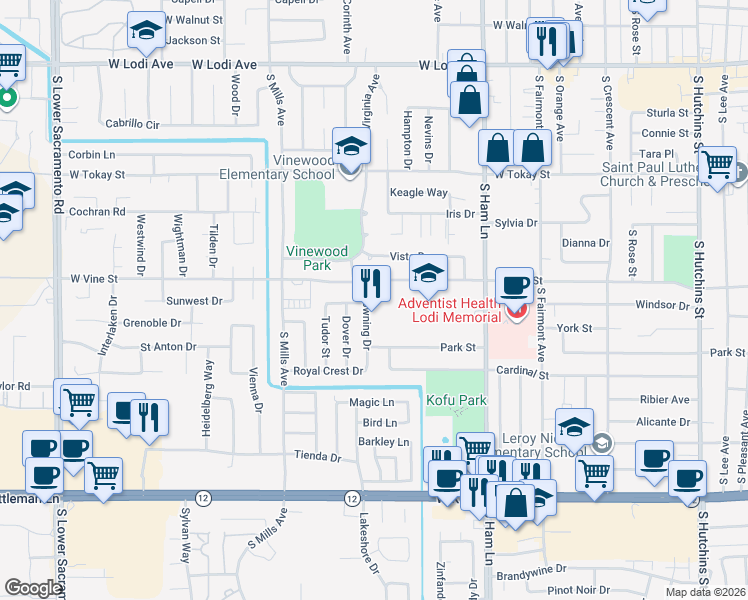 map of restaurants, bars, coffee shops, grocery stores, and more near 900 Downing Drive in Lodi