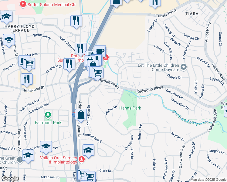 map of restaurants, bars, coffee shops, grocery stores, and more near 285 Cadloni Lane in Vallejo