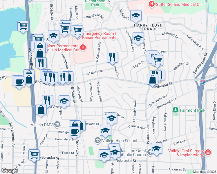 map of restaurants, bars, coffee shops, grocery stores, and more near 160 Serra Drive in Vallejo