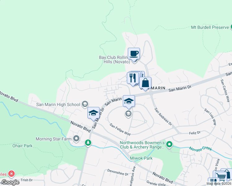 map of restaurants, bars, coffee shops, grocery stores, and more near 601 Cedar Place in Novato