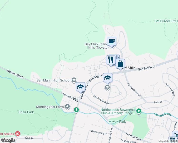 map of restaurants, bars, coffee shops, grocery stores, and more near 215 San Ramon Way in Novato