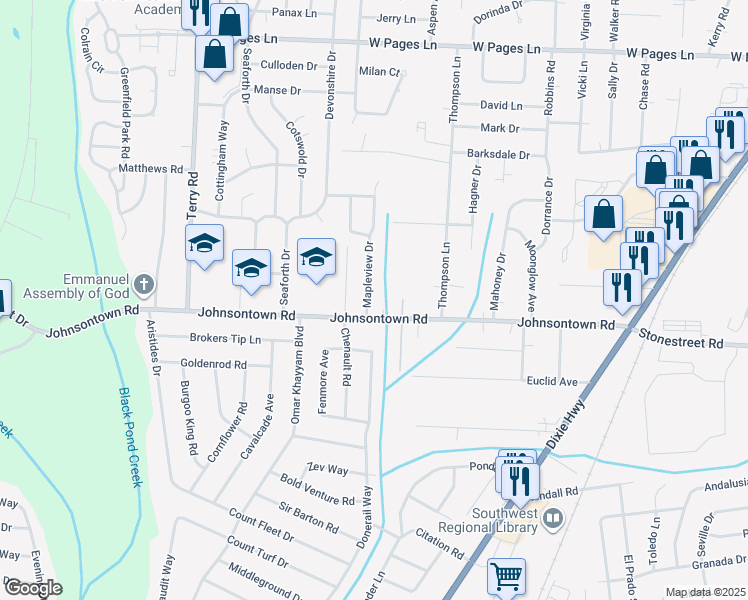 map of restaurants, bars, coffee shops, grocery stores, and more near 9201 Camryn Court in Louisville
