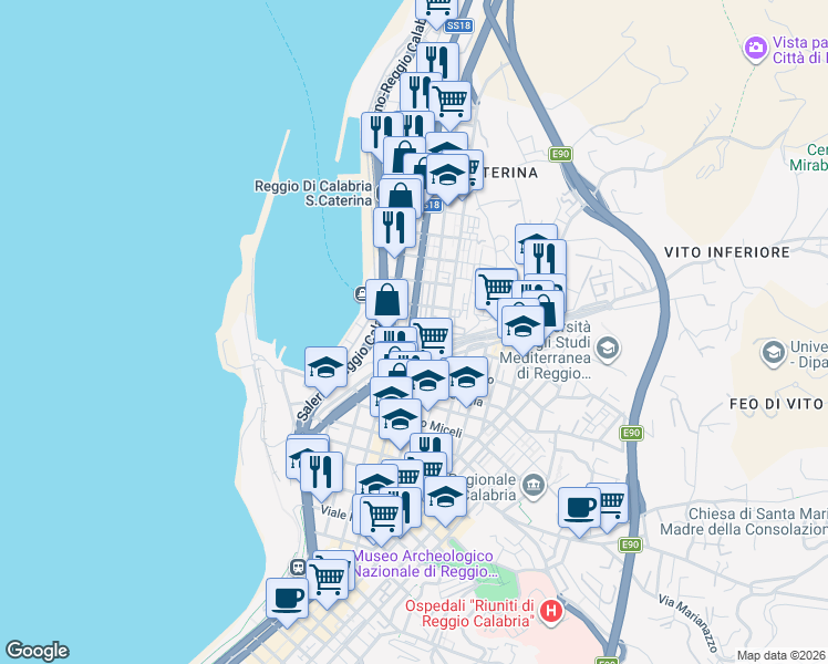 map of restaurants, bars, coffee shops, grocery stores, and more near 79 Via Italia in Reggio Calabria
