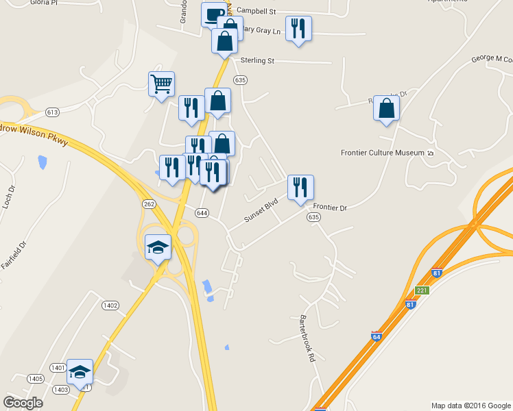 map of restaurants, bars, coffee shops, grocery stores, and more near 54 Sunset Boulevard in Staunton