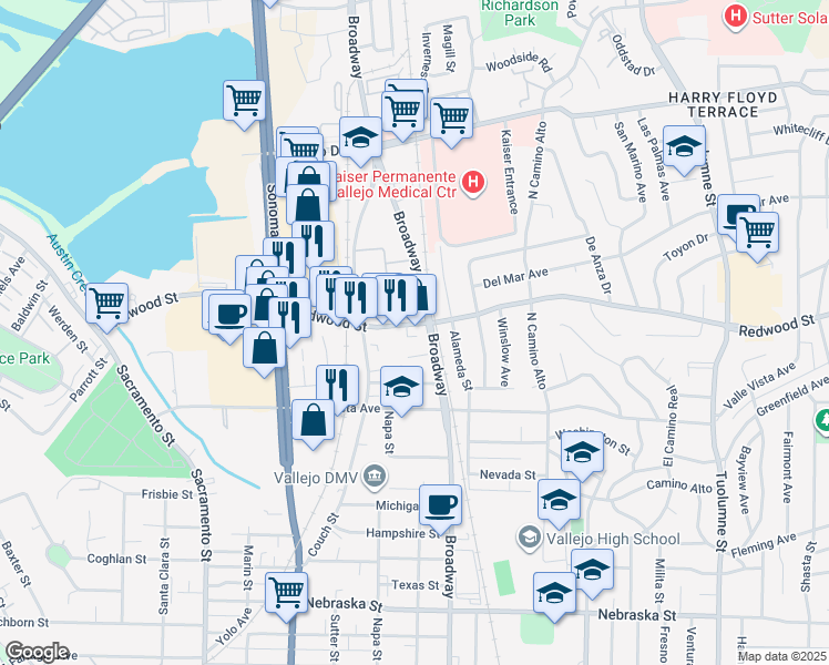 map of restaurants, bars, coffee shops, grocery stores, and more near 1037 Redwood Street in Vallejo