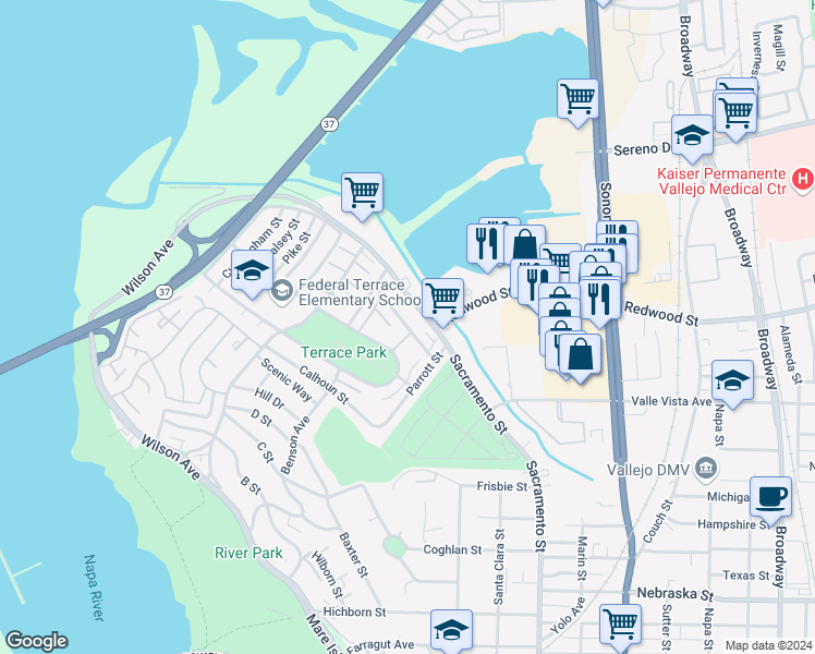 map of restaurants, bars, coffee shops, grocery stores, and more near 34 Werden Street in Vallejo