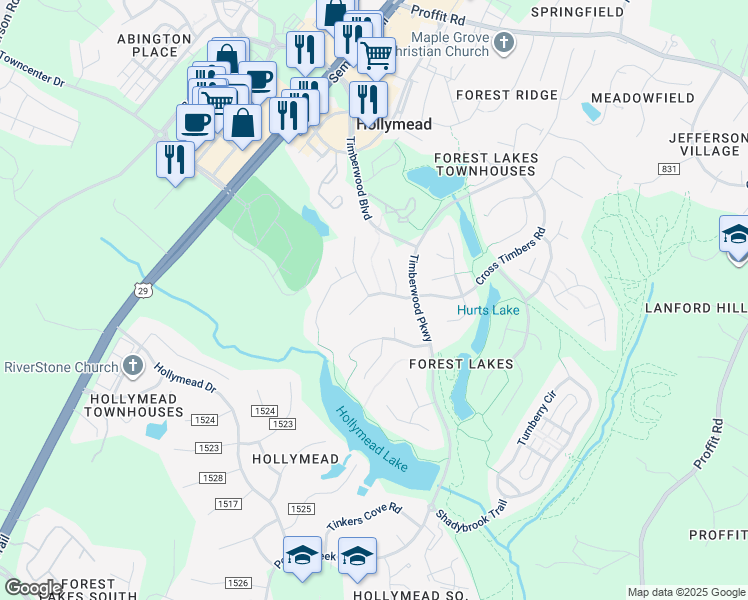 map of restaurants, bars, coffee shops, grocery stores, and more near 1853 Steeplechase Run in Charlottesville