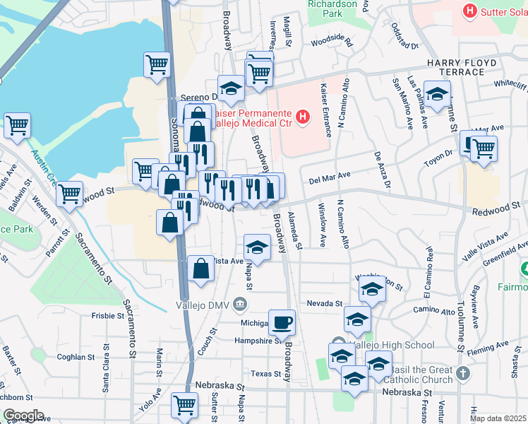 map of restaurants, bars, coffee shops, grocery stores, and more near 1037 Redwood Street in Vallejo