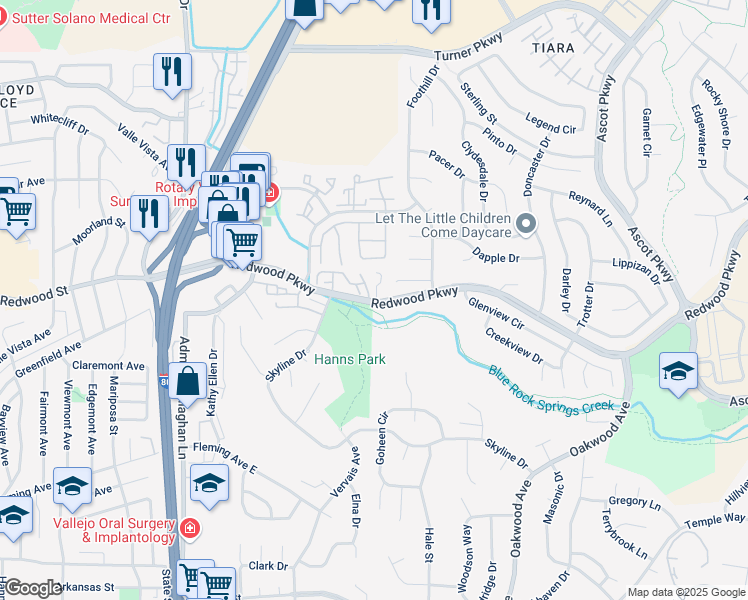 map of restaurants, bars, coffee shops, grocery stores, and more near 2914 Redwood Parkway in Vallejo