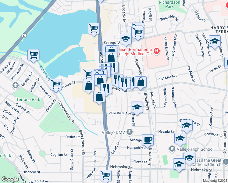 map of restaurants, bars, coffee shops, grocery stores, and more near 850 Redwood Street in Vallejo