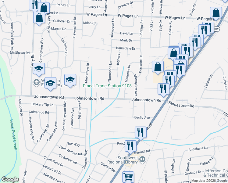 map of restaurants, bars, coffee shops, grocery stores, and more near 5504 Mock Court in Louisville