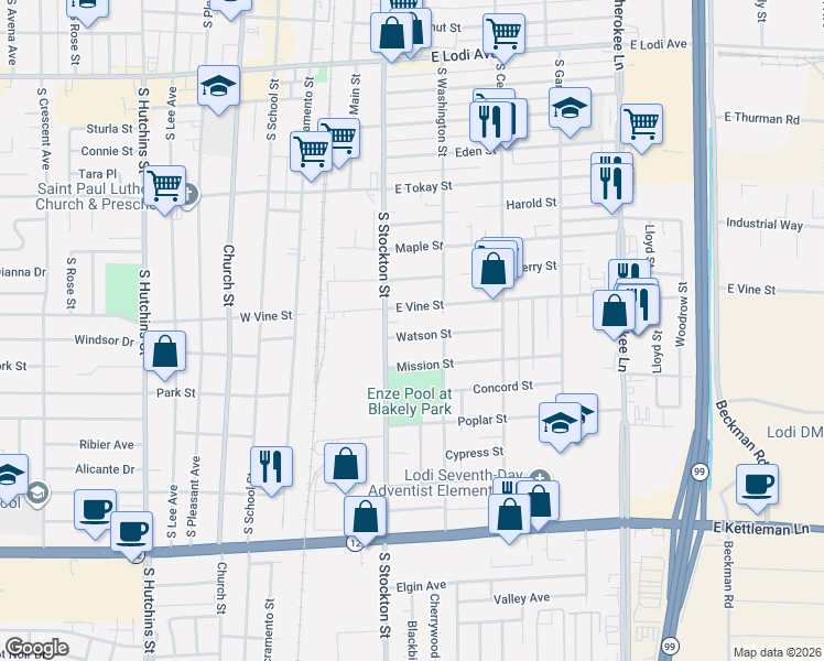 map of restaurants, bars, coffee shops, grocery stores, and more near 223 Watson Street in Lodi