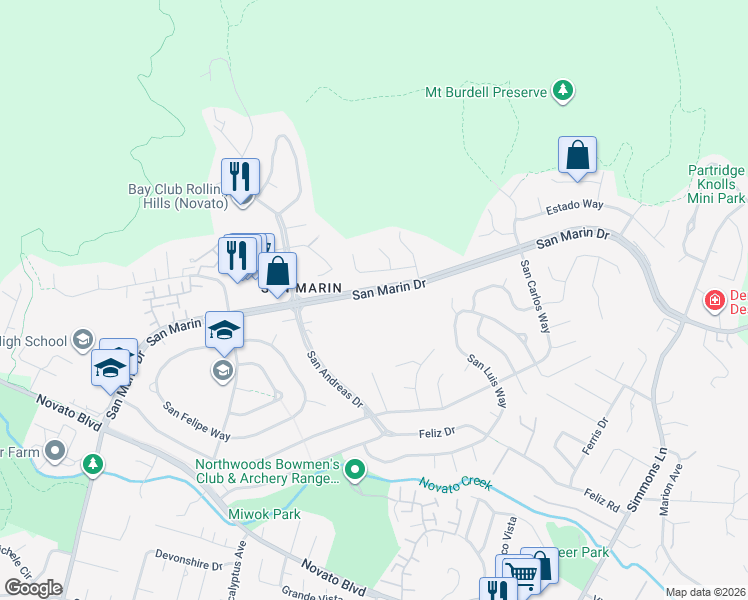 map of restaurants, bars, coffee shops, grocery stores, and more near 256 San Marin Drive in Novato