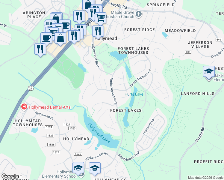 map of restaurants, bars, coffee shops, grocery stores, and more near Timberwood Parkway in Hollymead