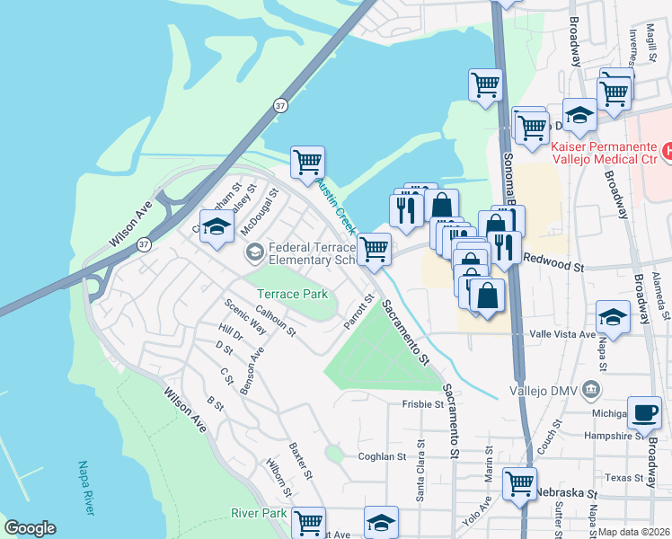 map of restaurants, bars, coffee shops, grocery stores, and more near 37 Werden Street in Vallejo