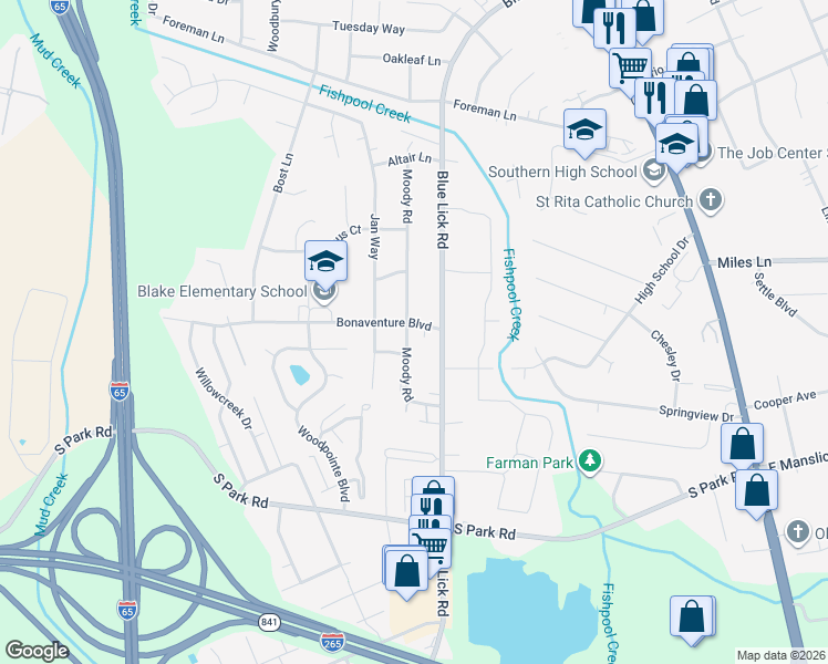 map of restaurants, bars, coffee shops, grocery stores, and more near 8801 Moody Road in Louisville
