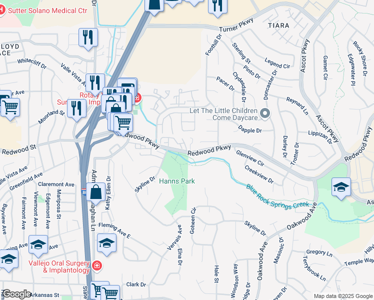 map of restaurants, bars, coffee shops, grocery stores, and more near 2914 Redwood Parkway in Vallejo