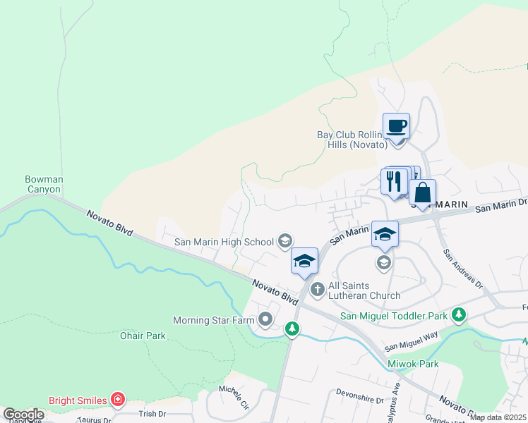map of restaurants, bars, coffee shops, grocery stores, and more near 244 San Ramon Way in Novato