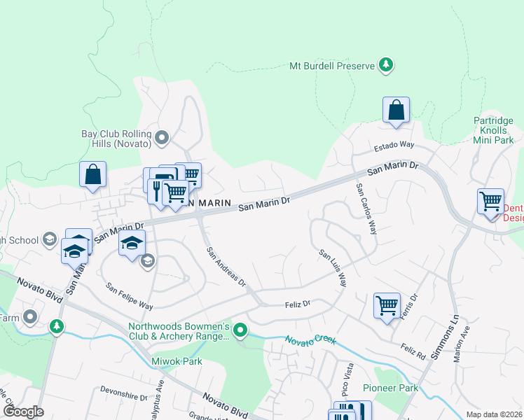 map of restaurants, bars, coffee shops, grocery stores, and more near 256 San Marin Drive in Novato