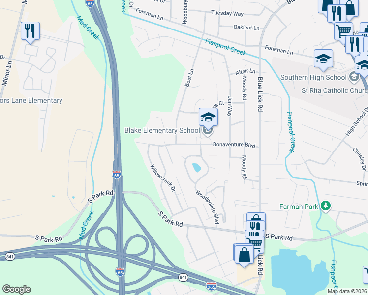 map of restaurants, bars, coffee shops, grocery stores, and more near 3712 Bonaventure Boulevard in Louisville